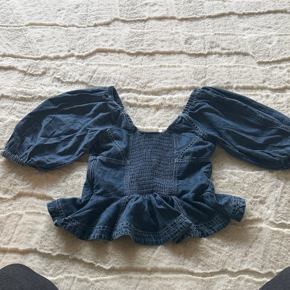 Pilcro Dark Blue Denim Peplum Off-Shoulder Top - Picture 7 of 9